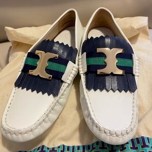 Tory Burch White and Navy Loafers